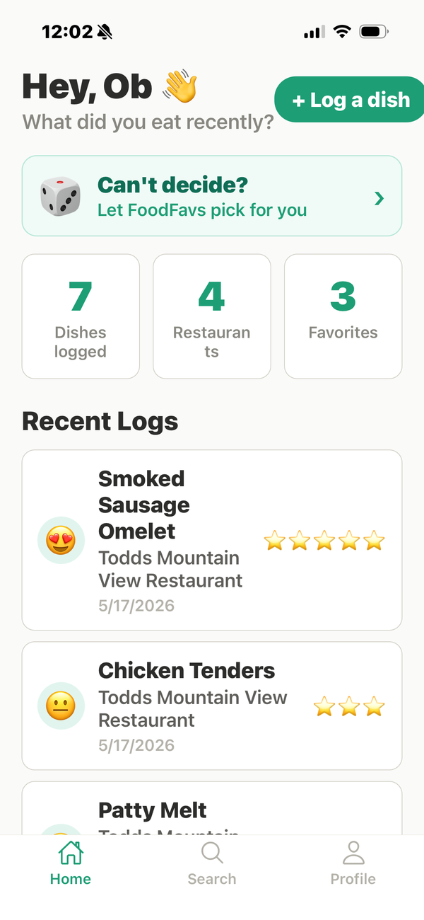 FoodFavs home screen with recent dish logs