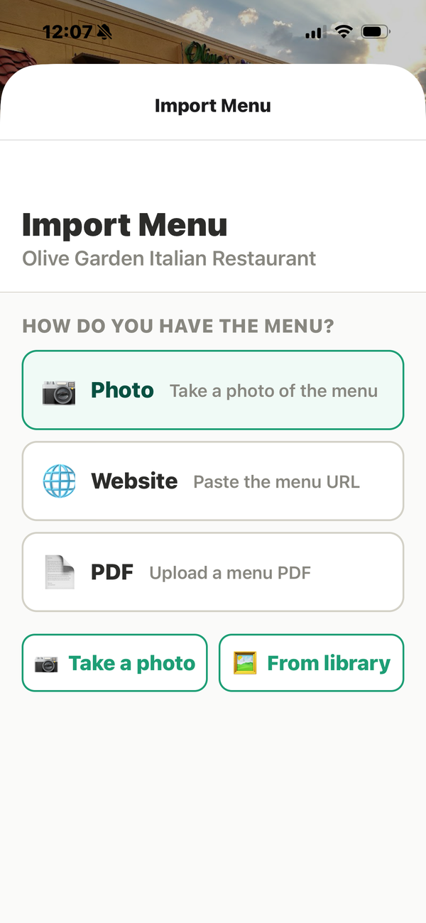AI menu import — photo, website URL, or PDF